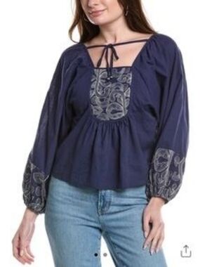 RAIN Blue Square Neck Scoop Back Pop Over Embroidered Tunic Top Size L NWT
